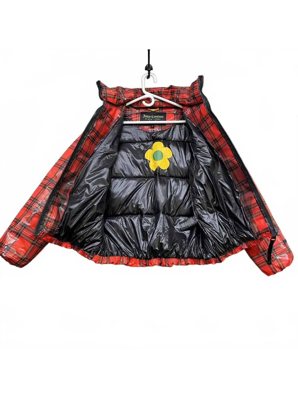 Juicy Couture Black Label Red Plaid Puffer Jacket Sz XL Yellow Flower Lining Y2K